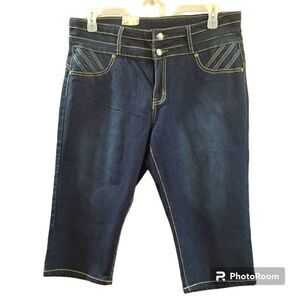 NWT Saza Denim Long Bermuda Jean Shorts Rhinestone Pockets Dark Blue Sz 20